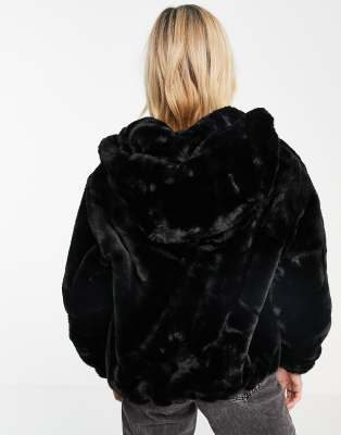 Pimkie faux fur fluffy jacket with hood in black ASOS