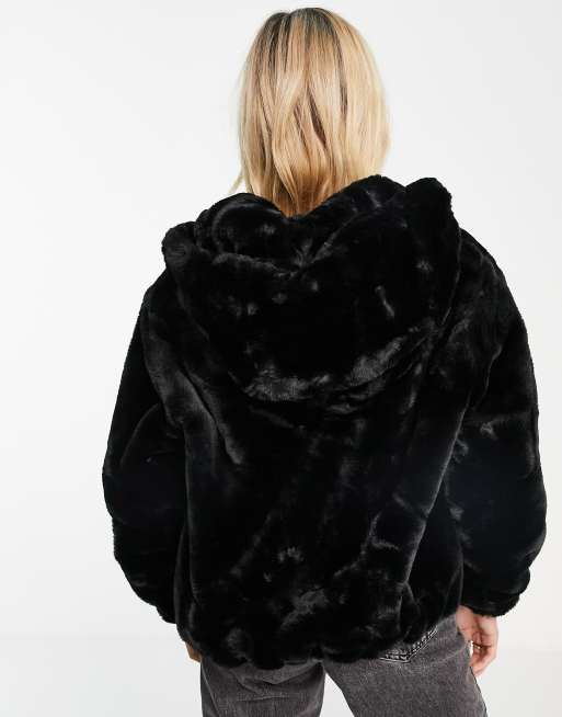Pimkie faux fur fluffy jacket with hood in black, 3 of 4