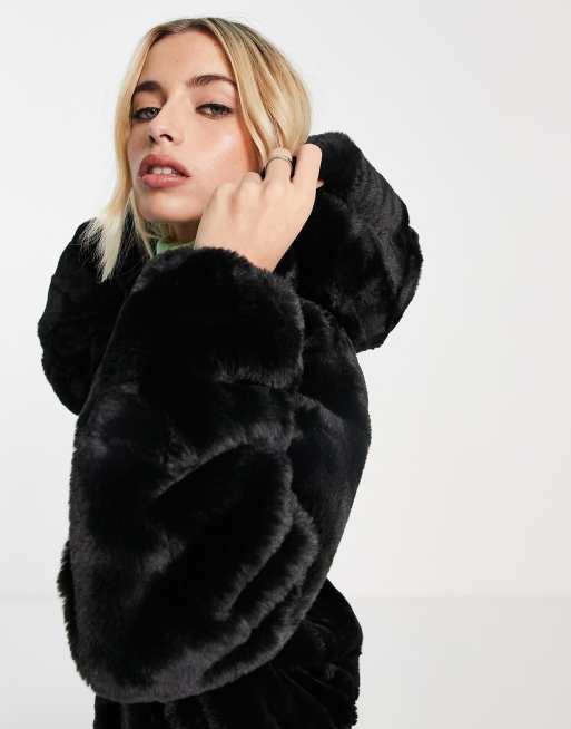 Pimkie faux fur fluffy jacket with hood in black