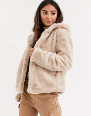 brown faux fur hooded jacket