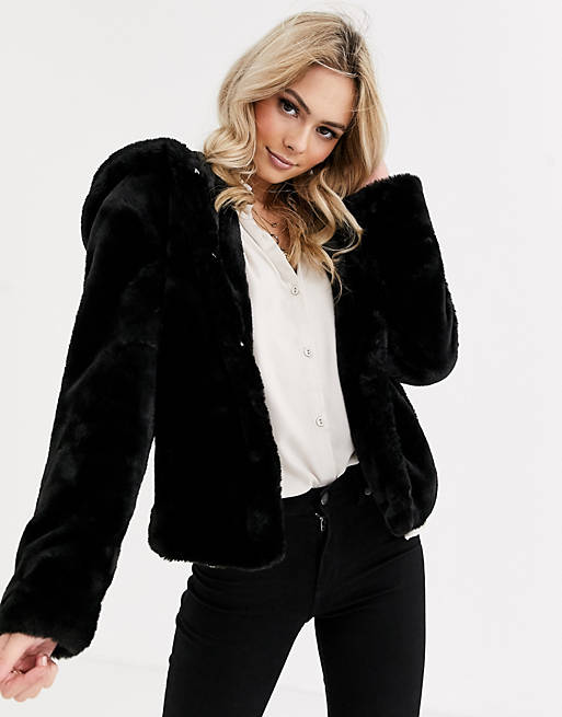 Accustomed to Tourist Thoroughly Pimkie faux fur hooded jacket in black | ASOS