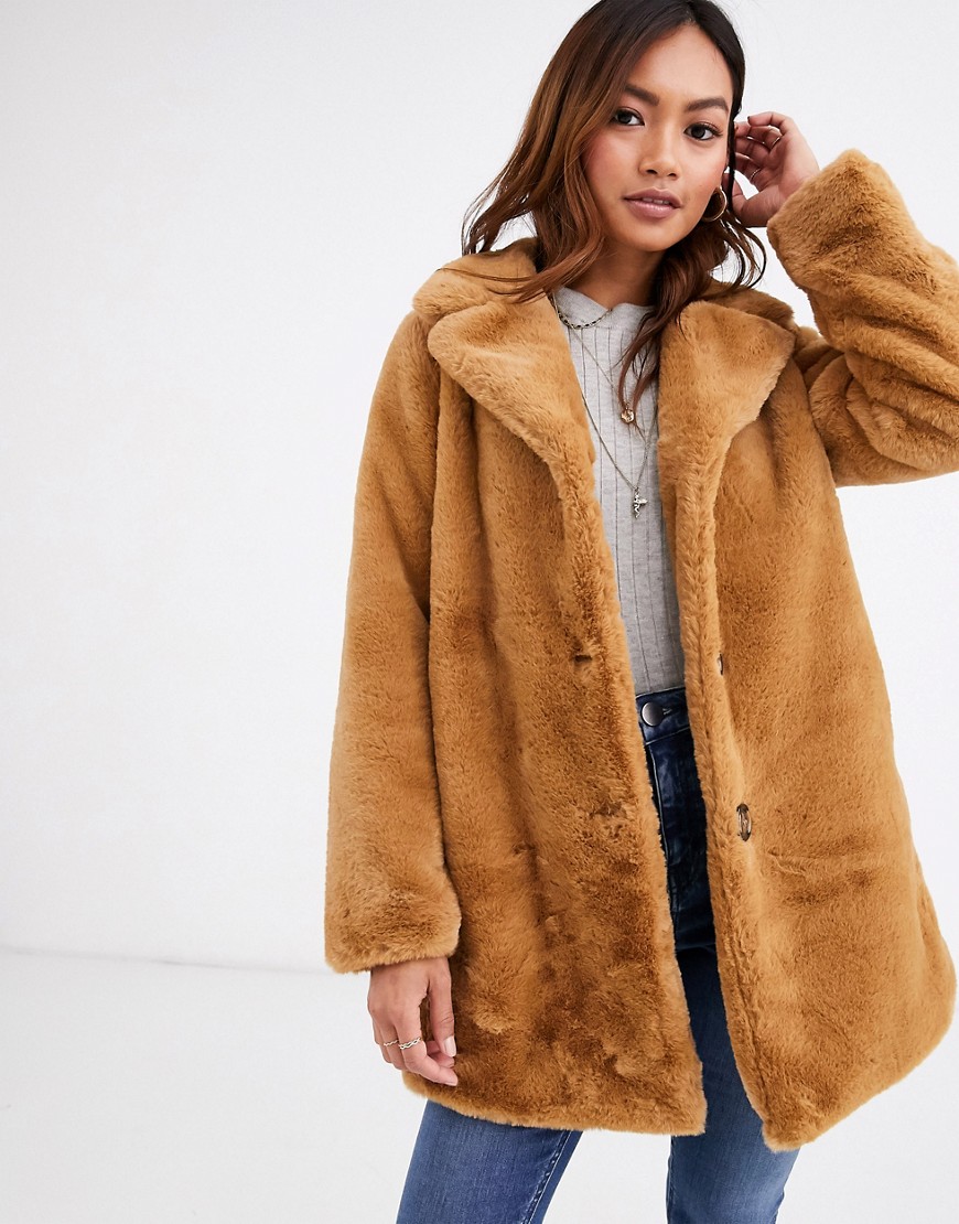 Pimkie faux fur longline coat in camel-Beige