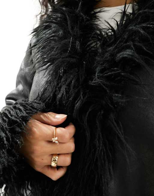 Pimkie faux fur trim leather look jacket in black, 2 of 4