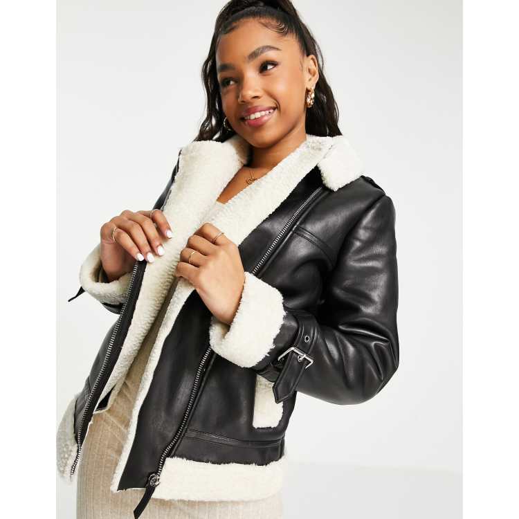 Pimkie faux leather aviator jacket with contrast borg trim in