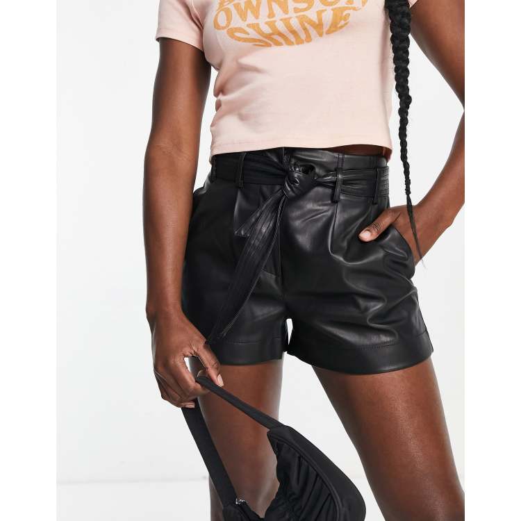 Pimkie faux leather belted paperbag shorts in black