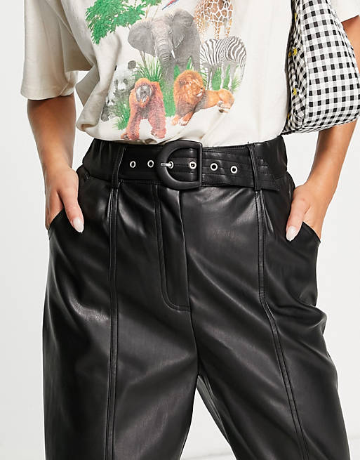 Trousers & Leggings Pimkie faux leather belted trouser in black 