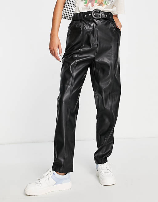 Trousers & Leggings Pimkie faux leather belted trouser in black 