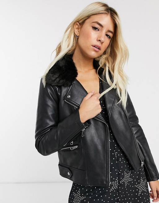 Pimkie faux leather biker jacket with faux fur collar in black
