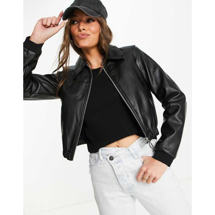 Pimkie faux leather bomber jacket with collar in black