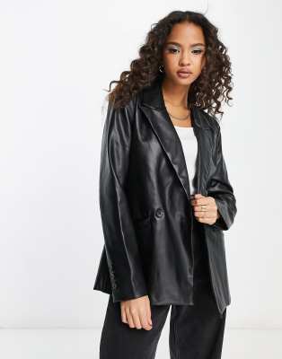 Pimkie faux leather double breasted oversized blazer in black