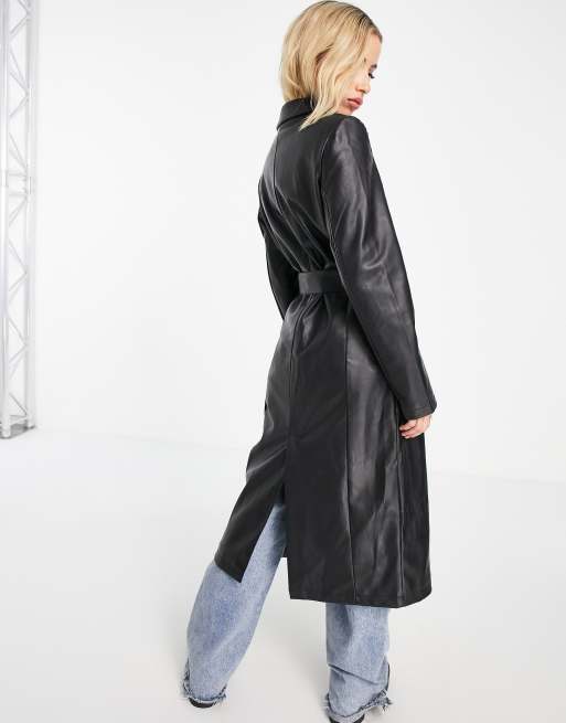 Pimkie faux leather longline trench coat in black ASOS