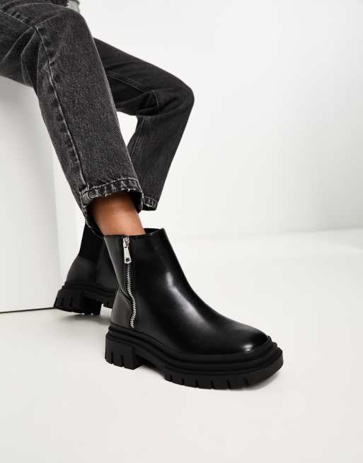 Pimkie faux leather zip detail flat boots in black