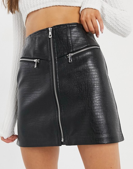 Pimkie faux leather zip through mini skirt in black croc