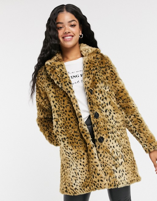 Pimkie faux leopard fur coat in brown