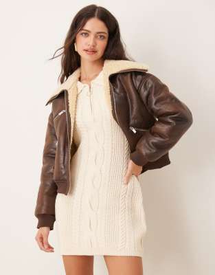 Pimkie Pimkie faux shearling aviator jacket in chocolate-Brown