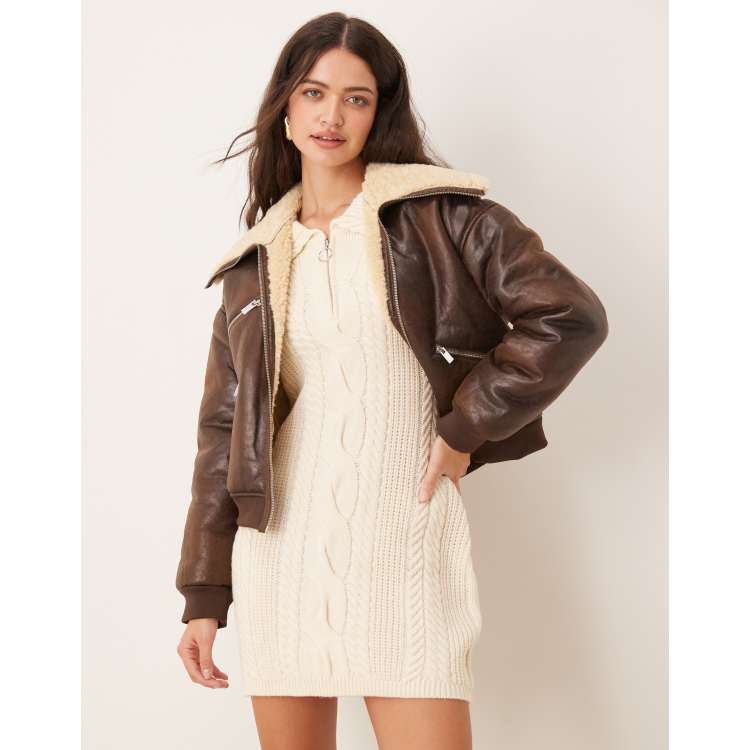 Pimkie faux shearling aviator jacket in chocolate ASOS