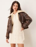 [Pimkie] Pimkie faux shearling aviator jacket in chocolate-Brown XL Chocolate