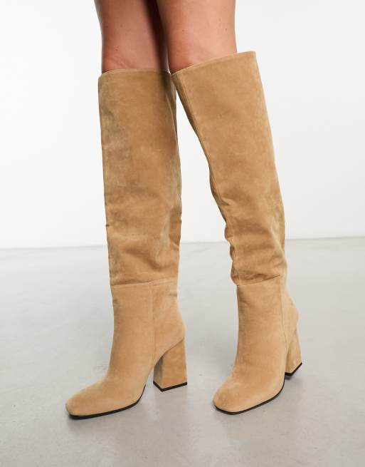 Pimkie faux suede block heel high leg boot in beige ASOS