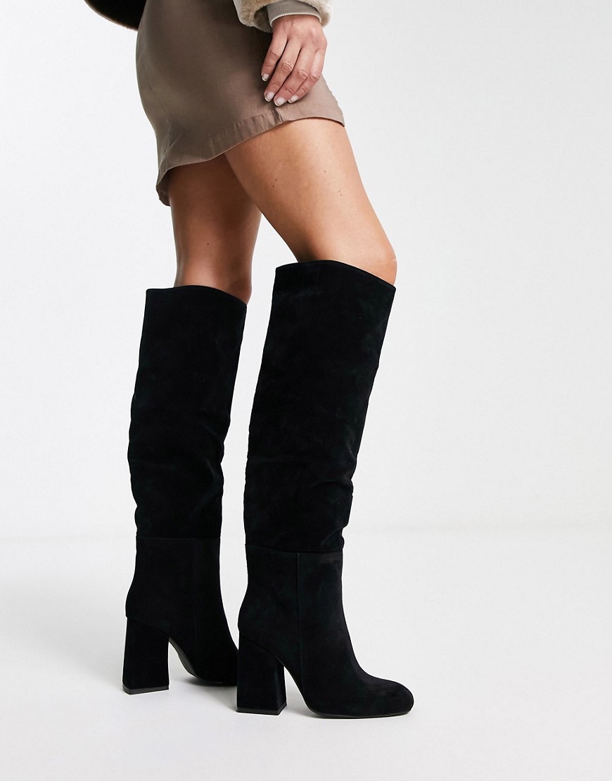 Pimkie faux suede block heel high leg boot in black
