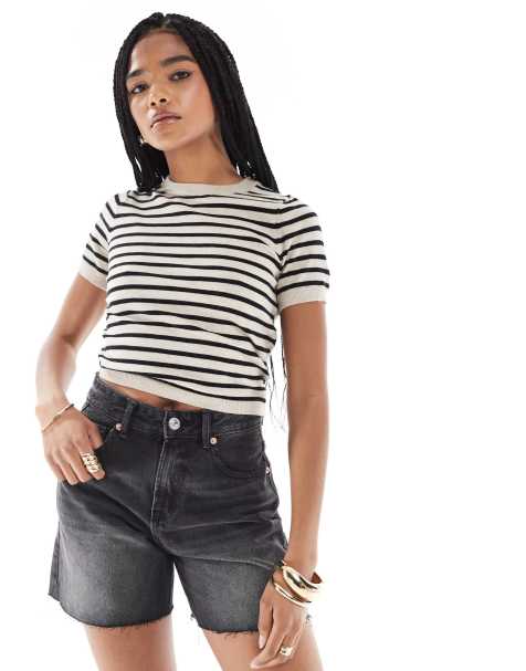 Pimkie fine knit crew neck t-shirt in cream and navy stripe - view 1