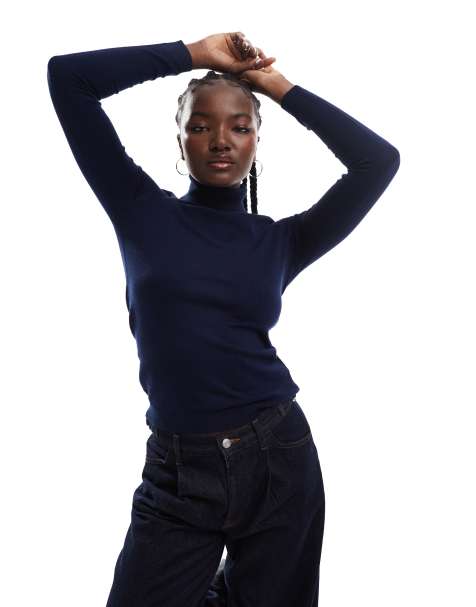 Pimkie fine knit turtleneck jumper in navy - view 1