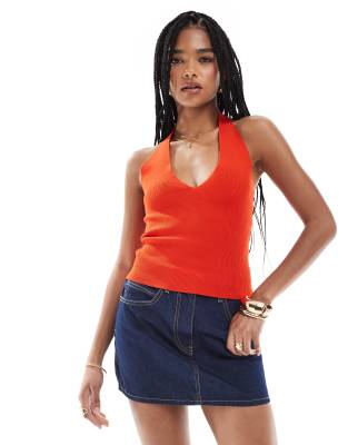 Pimkie Pimkie fine knit v neck halterneck top in red