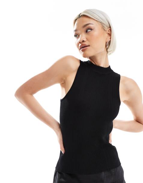 Pimkie fine rib high neck sleeveless vest top in black - view 1