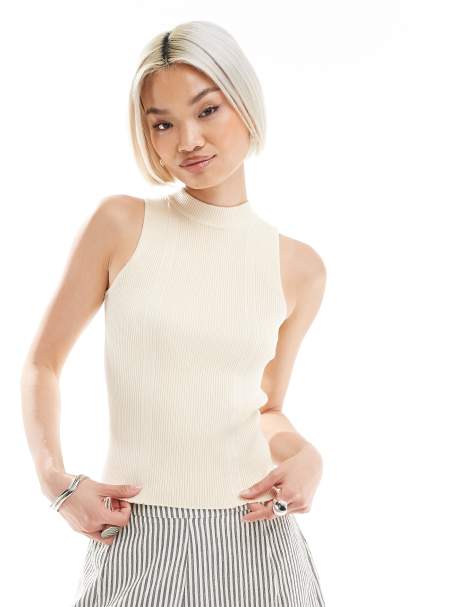Pimkie fine rib high neck sleeveless vest top in white - view 1