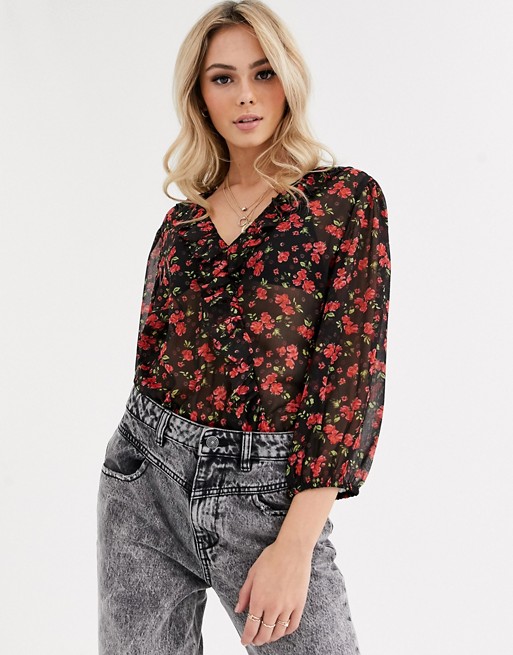 Pimkie floral print ruffle blouse in black