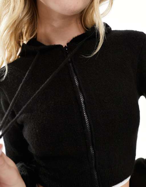 Pimkie fluffy zip through hooded jumper in black, 4 of 4