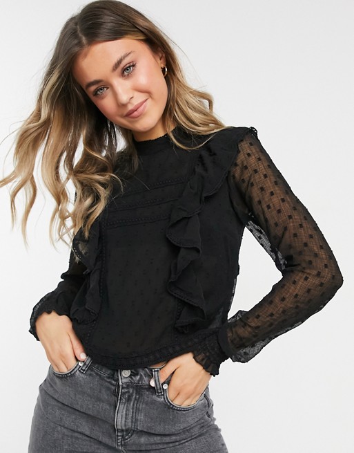 Pimkie frill blouse with dobby spot print in black