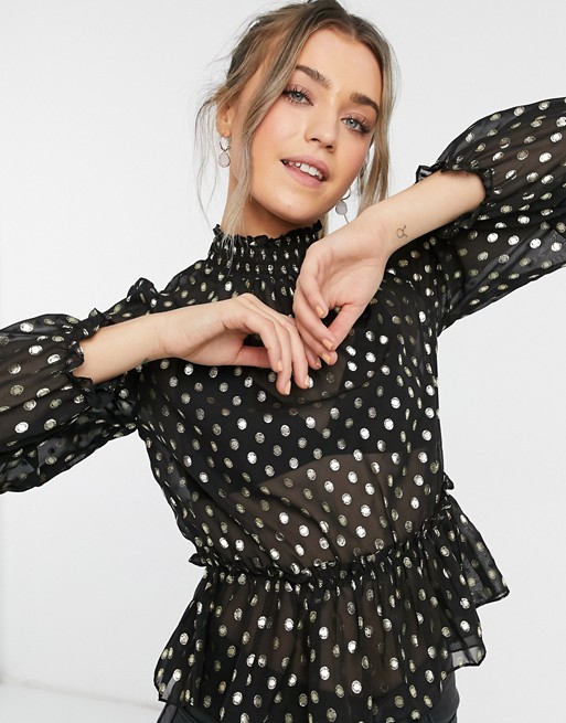 Pimkie gather detail blouse with gold spots in black