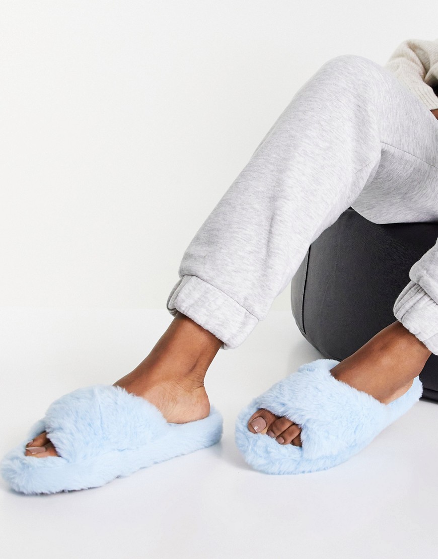 Pimkie - Gekruiste slippers van imitatiebont in blauw
