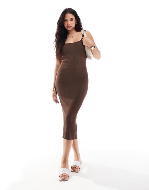 Pimkie - Geribbelde gebreide mouwloze midi bodycon jurk met vierkante hals in chocoladebruin