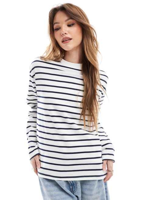 Pimkie - Gestreept T-shirt met lange mouwen en ronde hals in wit en marineblauw