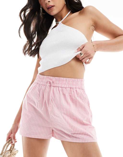 Pimkie - Gestreepte poplin short met trekkoord in de taille in roze