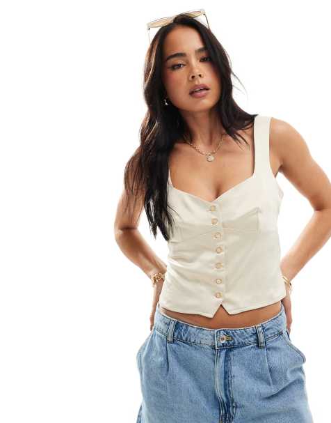 Pimkie - Gilet de taille boutonné en satin à encolure en cœur - Crème - view 1