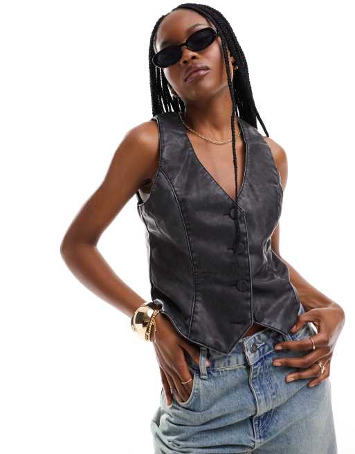 Pimkie - Gilet met gedragen leerlook in donkergrijs