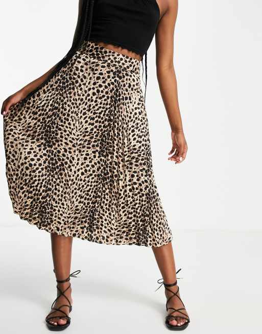 Pimkie - Gonna midi a pieghe marrone con stampa leopardata