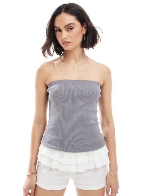 Pimkie – Grafitowy, prążkowany top z dekoltem bandeau