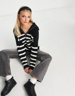 Pimkie half zip jumper in black and white stripe