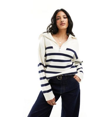 Pimkie half zip jumper in white and navy stripe