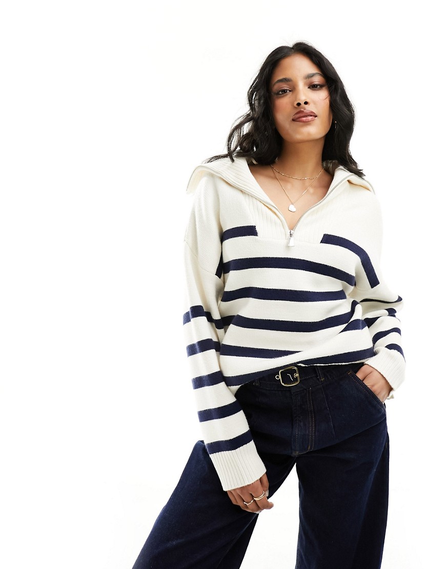 Pimkie half zip jumper in white and navy stripe-Multi