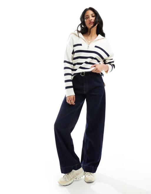 Pimkie half zip jumper in white and navy stripe, 3 of 4