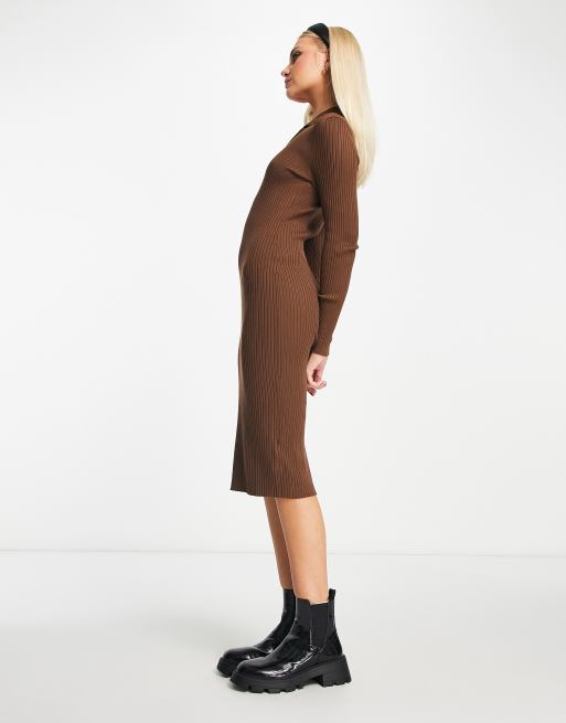 Pimkie half zip knitted midi dress in chocolate , 4 of 4