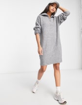 ASOS DESIGN knitted jumper mini dress with zip neck in oatmeal | ASOS