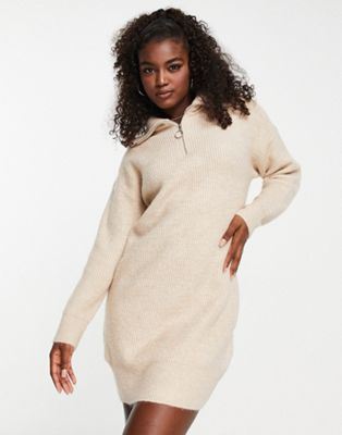 Pimkie half zip knitted mini dress in taupe
