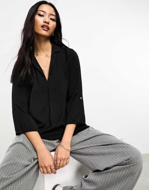 Pimkie hammered satin v neck shirt in black