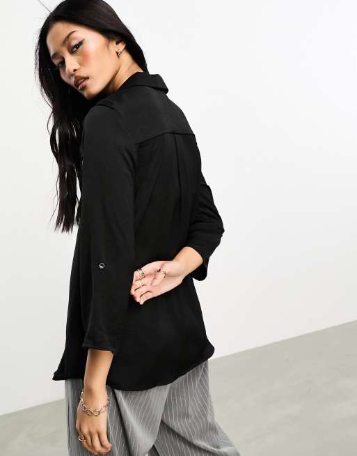 Pimkie hammered satin v neck shirt in black