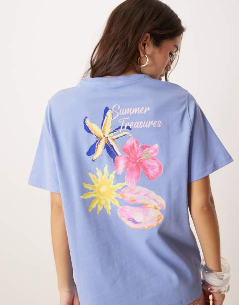 Pimkie hibiscus and seashell summer back graphic oversized t-shirt in blue - view 1